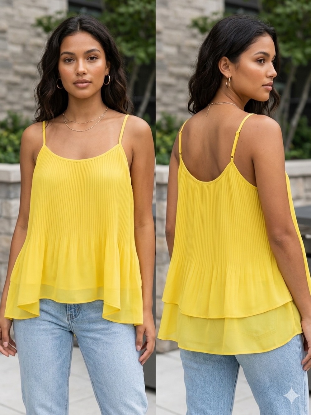 Flowy Yellow Pleated Cami Tank Top